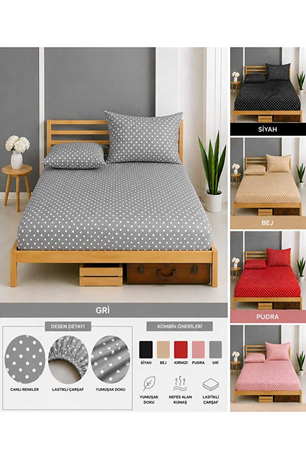 Double Elastic Sheet Set with Pillowcase, Polka Dot Cotton, Fitted, Soft Texture and Comfortable