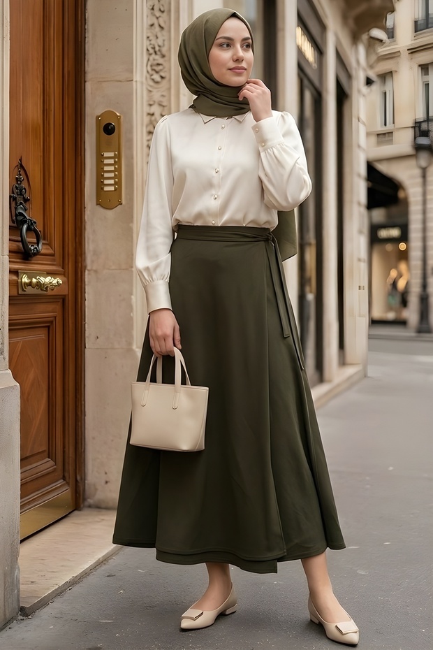 Khaki Side Tie Detailed Dabıl Skirt