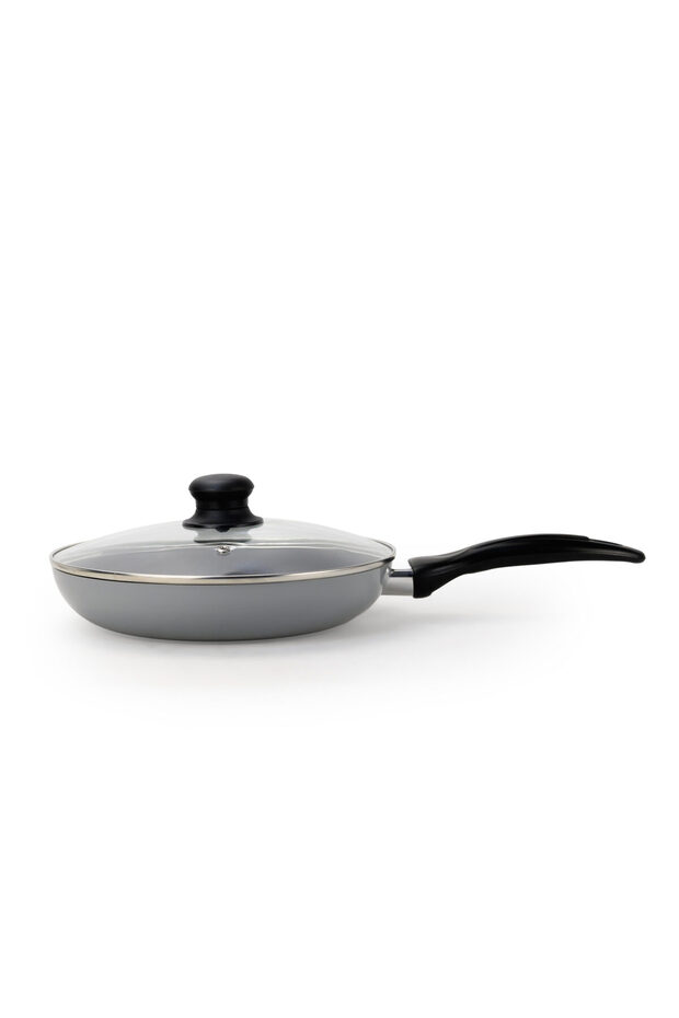 Non Stick Fry Pan with Glass Lid 28cm, Grey Aluminium Cooking Pan, Induction&Gas Compatible