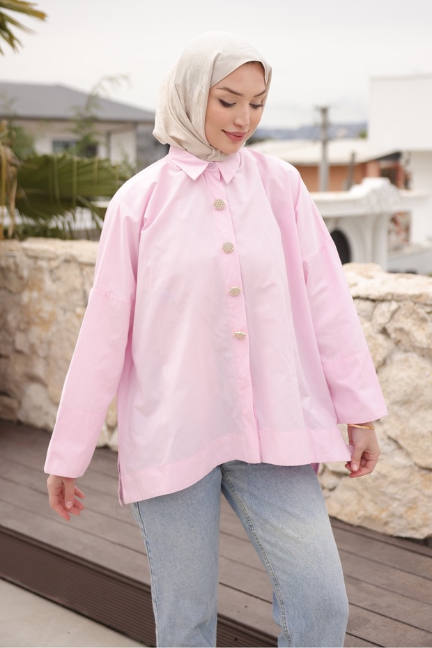 Pink Buttoned Wide Sleeve Shirt