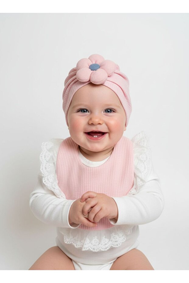 Cute Pink Baby Bib with Cap Set
