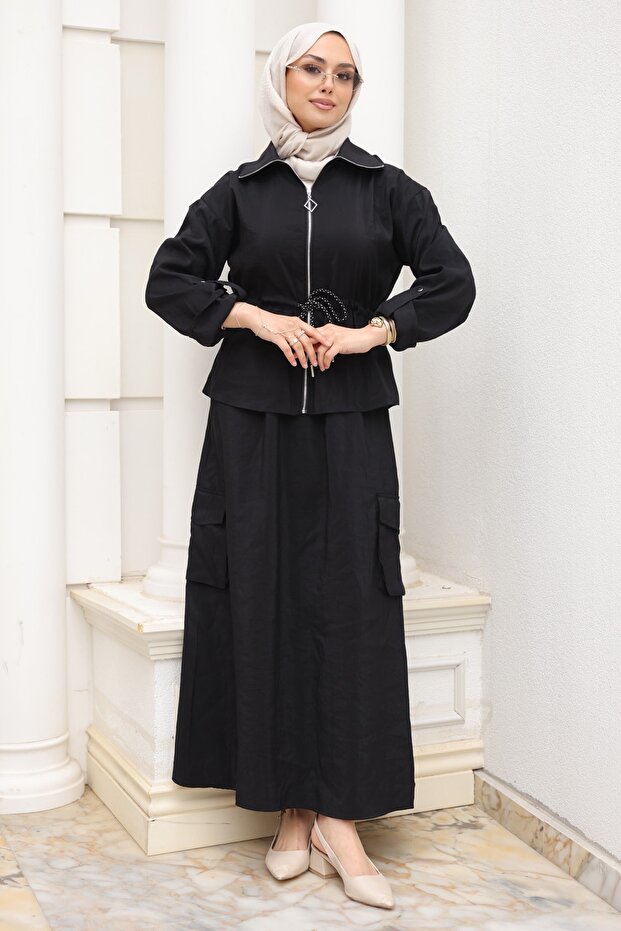 Black Zippered Jacket, Cargo Pockets, Skirt Set