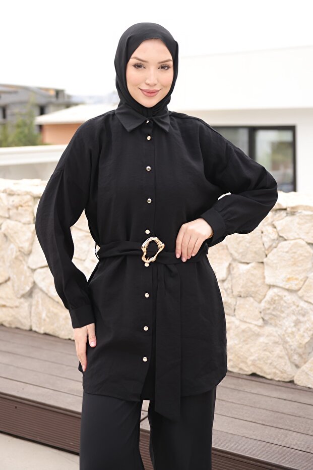 Black Buttoned Belted Tunic