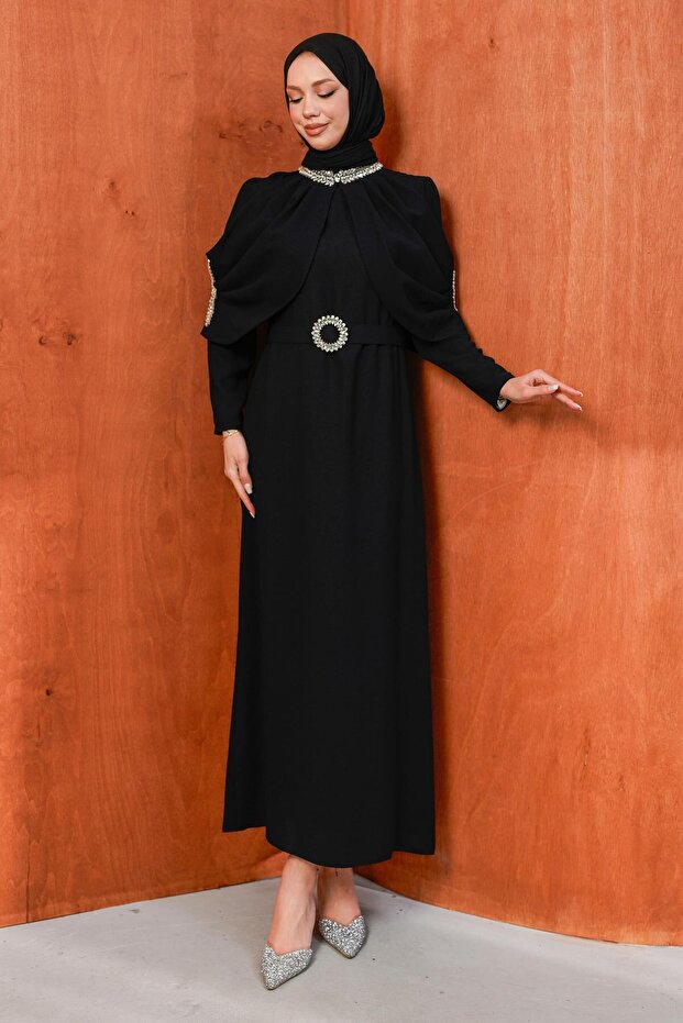 Black Plus Size Collar Stone Detailed Evening Dress
