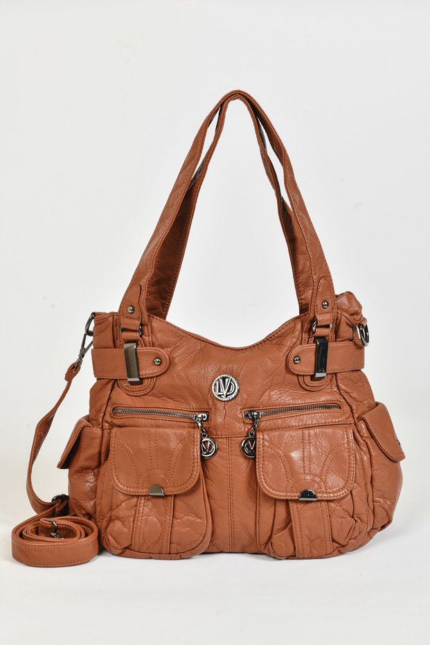 Tan Casual Sports Leather Long Strap Multi-Pocket Flap Pocket Detailed Women's Daily Shoulder Bag
