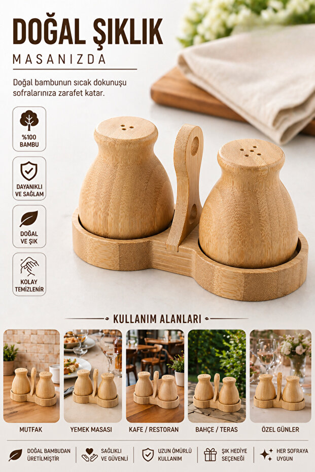 Bamboo Salt and Pepper Shaker Set with Stand | Natural Wooden Decorative Salt Shaker Set