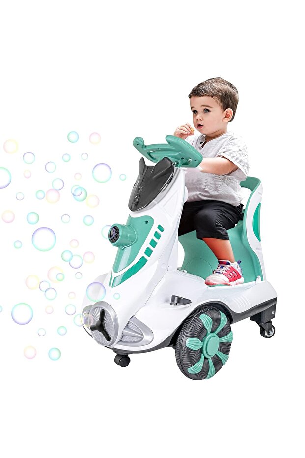 Dual Drive Kids Electric Car with Automatic Bubble Function, Racing Theme, LED Lights, 6V 4A