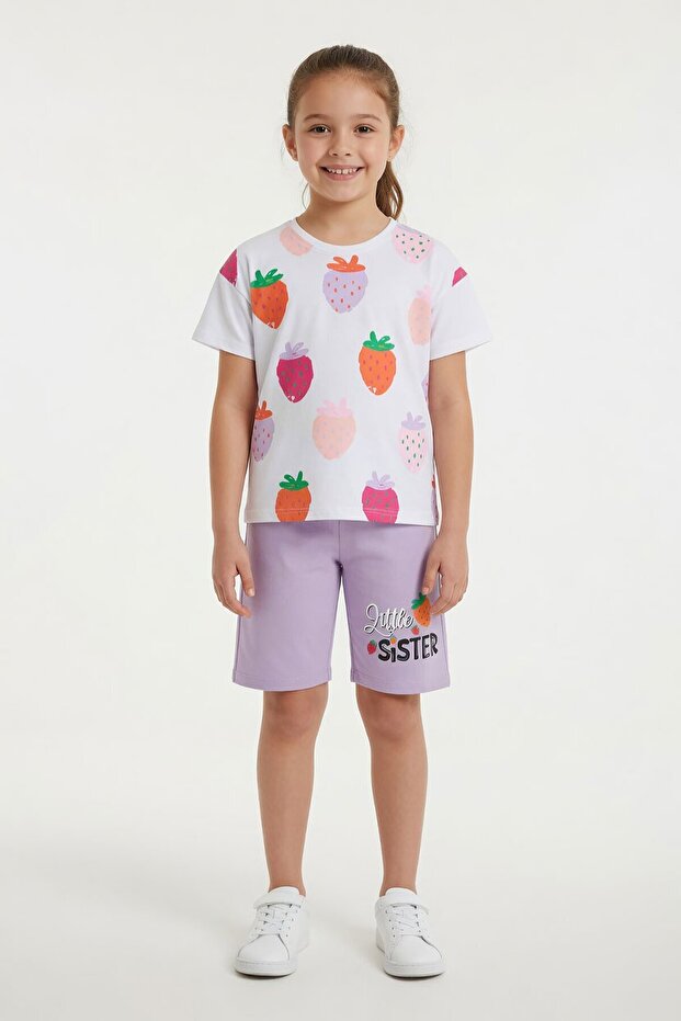 Lilac Fruit Patterned T-Shirt Girl's Shorts Summer Set 23828