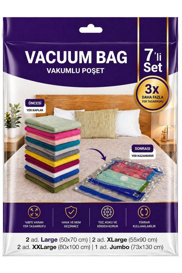 7-Piece Vacuum Storage Bag Set (2 L + 2 XL + 2 XXL + 1 Jmbo)