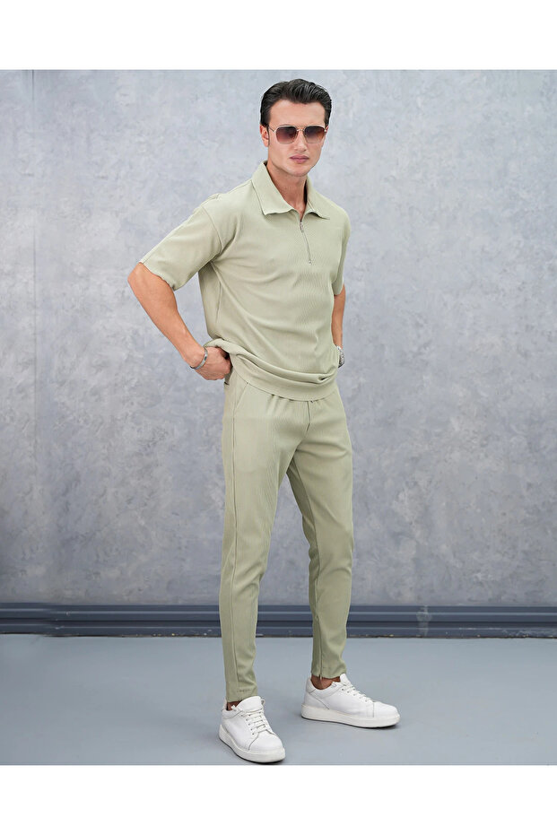Zipper Detailed Ribbed Oversize Top and Bottom Set