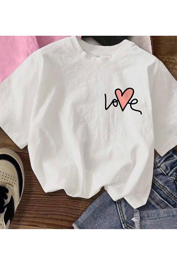 Minimal Love Heart Pattern Printed Short Sleeve Women's White Tshirt