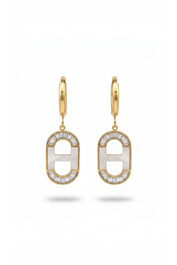 Gold H Model Detailed Zircon Stone Steel Earrings 4 cm