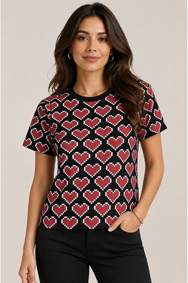 Pixel Heart All-Over Printed T-Shirt 100% Cotton
