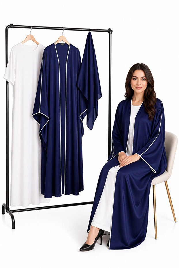 Navy Blue Abaya Set – Open Abaya + Inner Dress + Hijab – Modest Wear