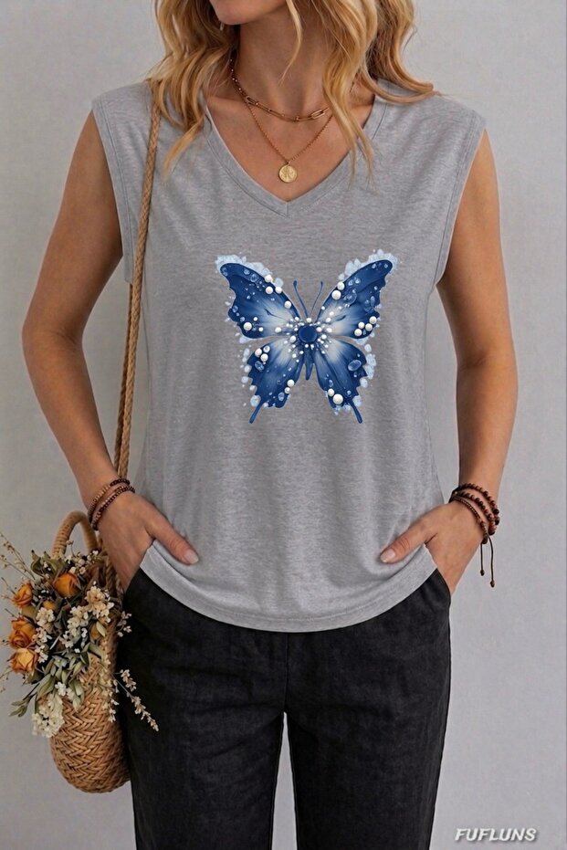 Patterned Butterfly Printed Women's Oversize Sleeveless T-Shirt