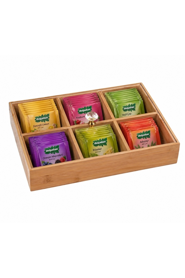 6 Compartment Wooden Organizer, Snack Box, Turkish Delight Box, Breakfast Box, Tea Bag Holder, Jewelry Box, 30X20 Cm, Box with Handle