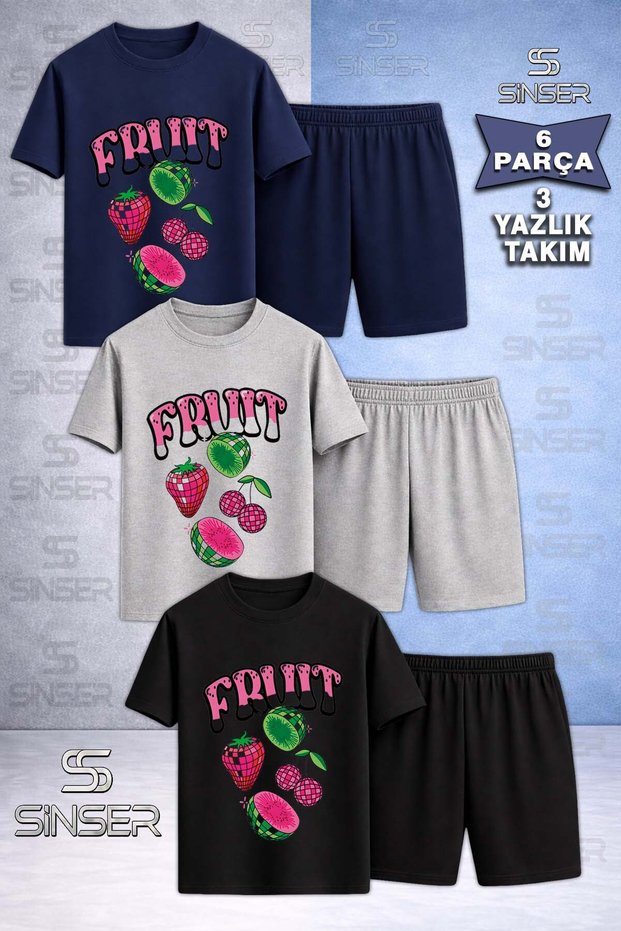 Children's Meyve 4Lu Fruit Written Printed Crew Neck 3-Piece T-Shirt - Shorts Set