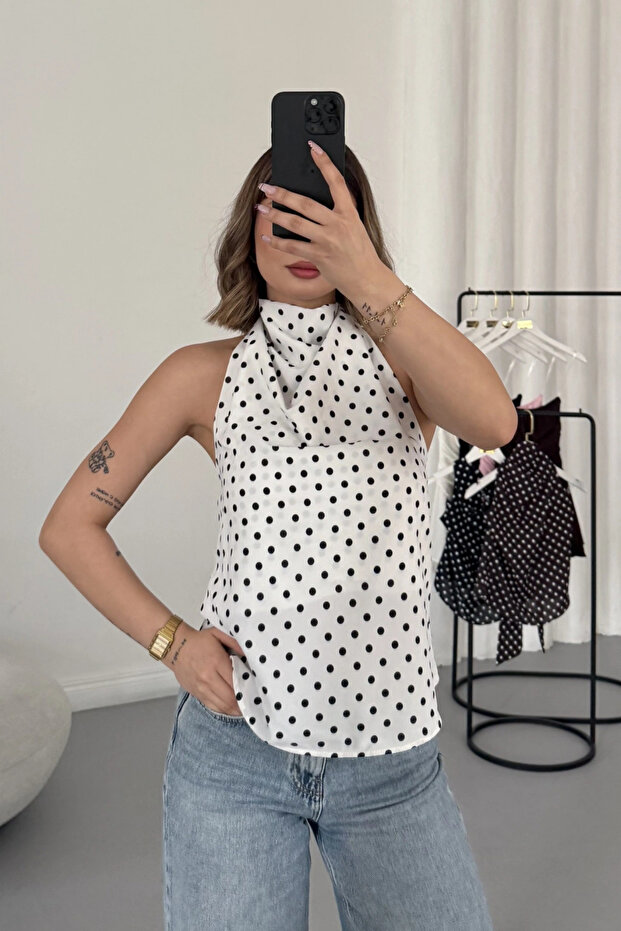 Polka Dot Patterned Backless Tie-Back Blouse - 2