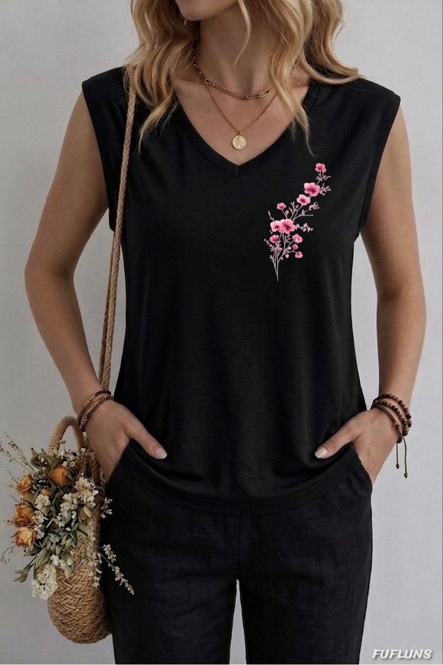 Pink Flowers Dalli Printed Women's Oversize Sleeveless T-Shirt
