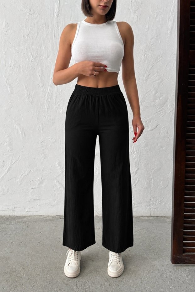 Women's Black High Waist Elastic Waist Loose Wide Leg 100% Cotton Linen Casual Summer Trousers