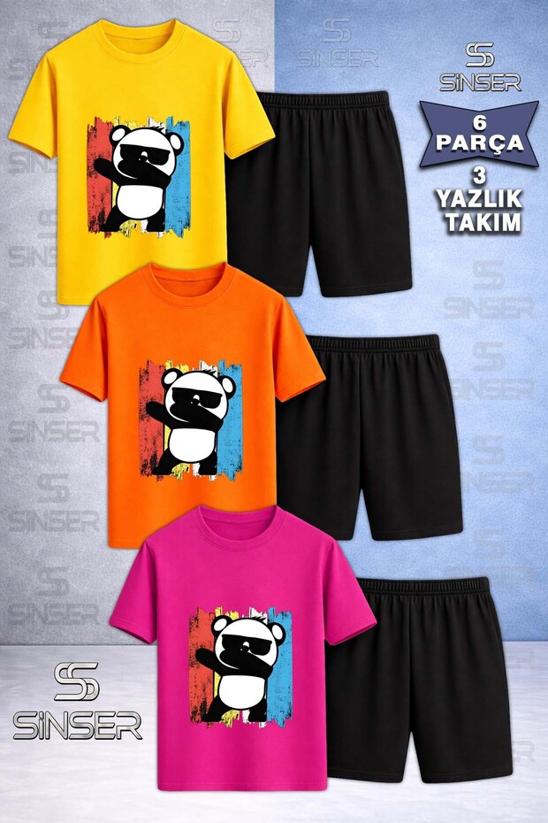 Children's Panda Colorful Canvas Eyeglasses Printed Crew Neck 3-Piece T-Shirt - Shorts Set