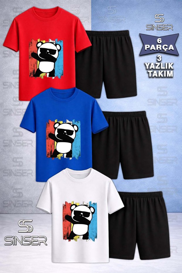 Children's Panda Colorful Canvas Eyeglasses Printed Crew Neck 3-Piece T-Shirt - Shorts Set