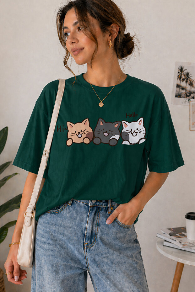 Hello Cat Printed Unisex Oversize T-Shirt – Cotton Crew Neck Casual T-Shirt