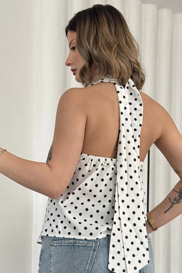 Polka Dot Patterned Backless Tie-Back Blouse - 4