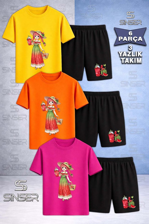Kids' Girls Watermelon Combination Printed Crew Neck 3-Piece T-Shirt - Shorts Set