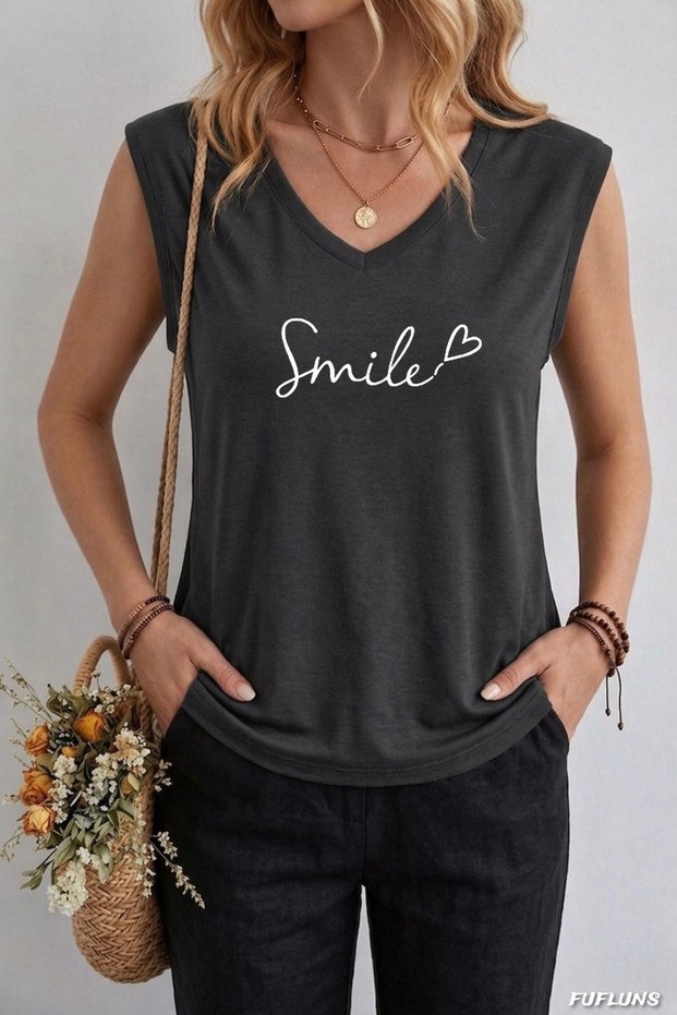 Smile Heart Printed Women's Oversize Sleeveless T-Shirt