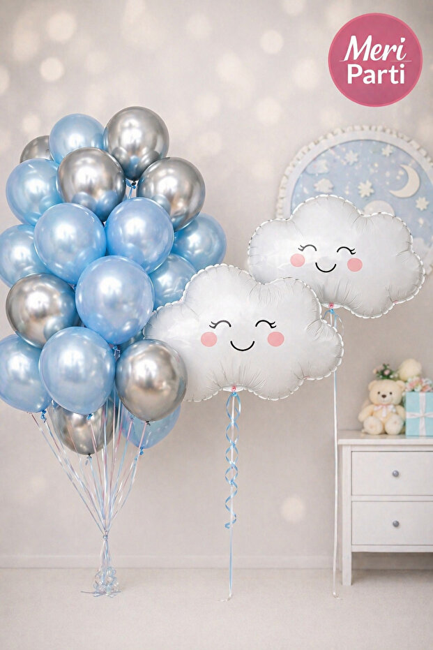 Cute Clouds Balloon Set – Blue Silver Concept Hospital Room Decoration Birthday Balloon Cloud
