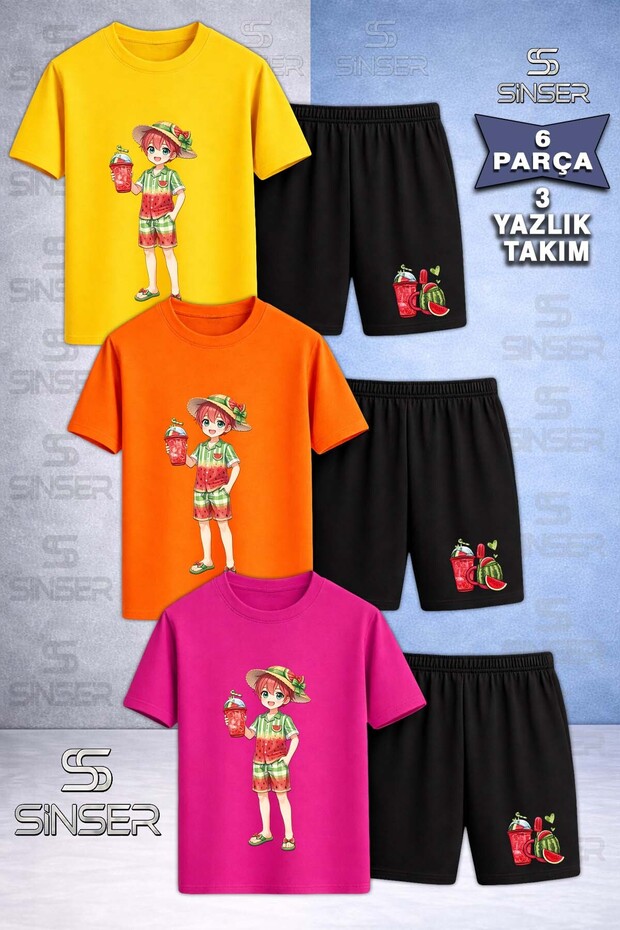 Children's Boys Watermelon Combination Printed Crew Neck 3-Piece T-Shirt - Shorts Set
