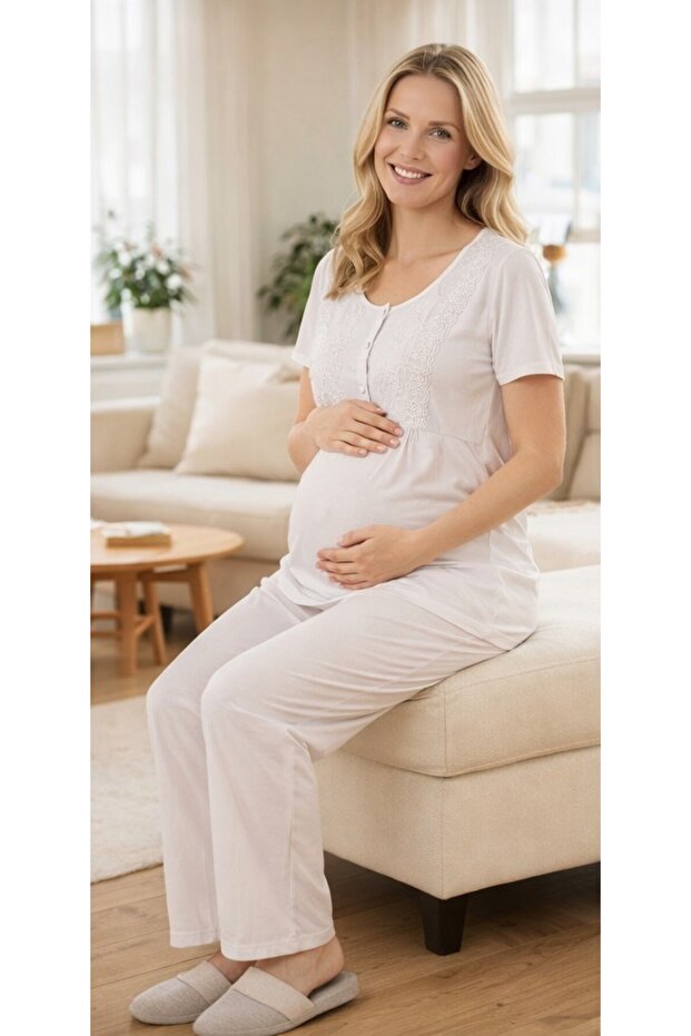 Maternity Pajama Set – Lace Detailed Maternity Pajamas Comfortable Summer Wear 24-82