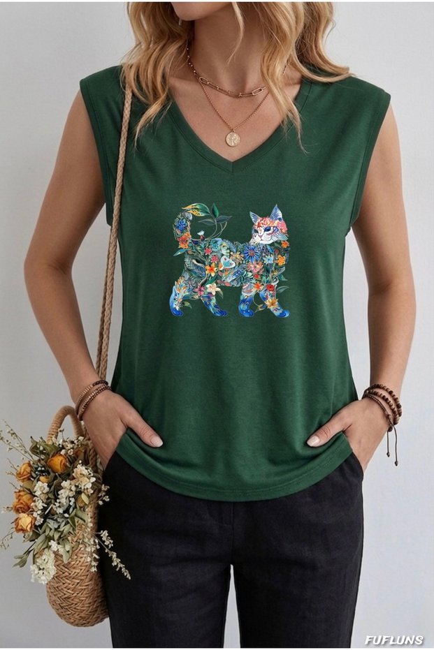 Women's Oversize Sleeveless T-Shirt with Cat Print from Flowers