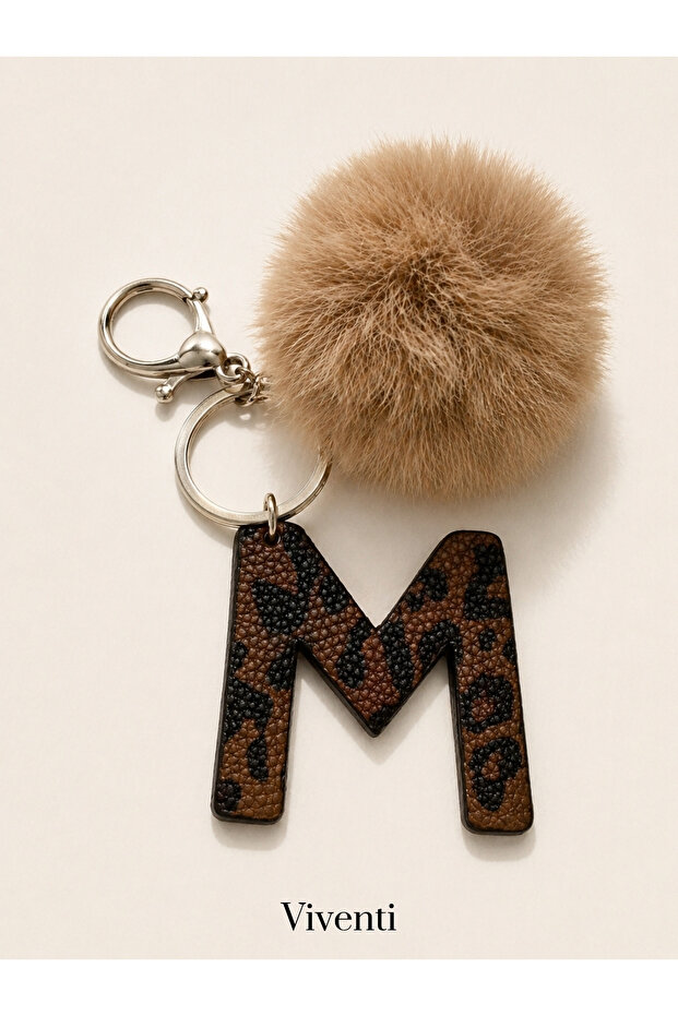 Leopard Patterned Leather Letter Keychain Charm with Pompom Bag Ornament Accessory with Hook Stylish Design for Women