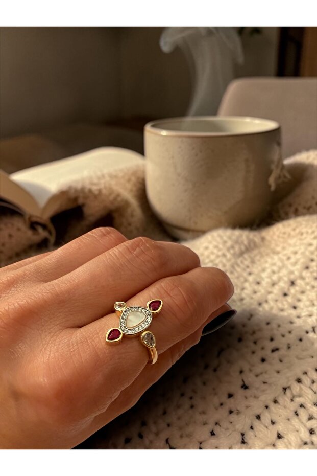 Zircon Stone White Enamel Pink Stone Detail Adjustable Ring