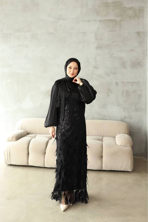 Women's Chiffon Top with Feather Detail at the Bottom, Bow Collar Evening Dress, Engagement, Wedding, Graduation Dress