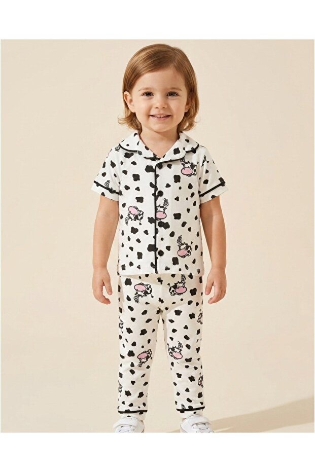 Summer Cow Print Double-Breasted Collared Nightgown Pajama Set for 2-3-4-5-6 Years Old