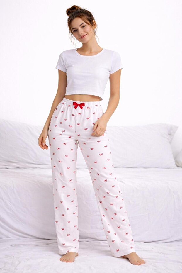 Thin Breathable Satin Ribbon Waist Detail Women's Pajama Bottoms with Bow Pattern