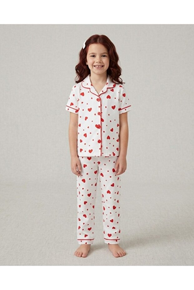 Girls' Mixed Heart Print 3-14 Years Summer Short Sleeve Buttoned Nightgown Pajama Set