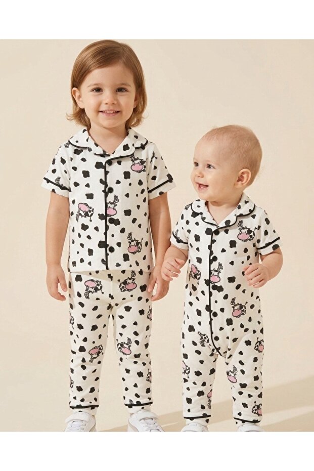 Summer Cow Print Double Breasted Collar 2-3-4-5-6 Years Old Nightgown Pajama Set R2624