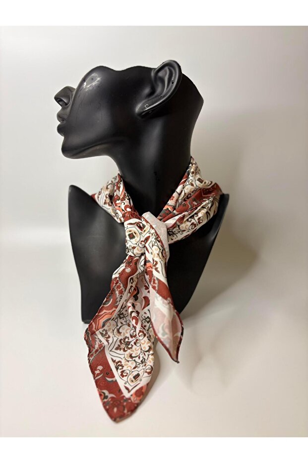 Cream Color Floral Patterned Single-Sided Square Crepe Scarf (50X50 cm)