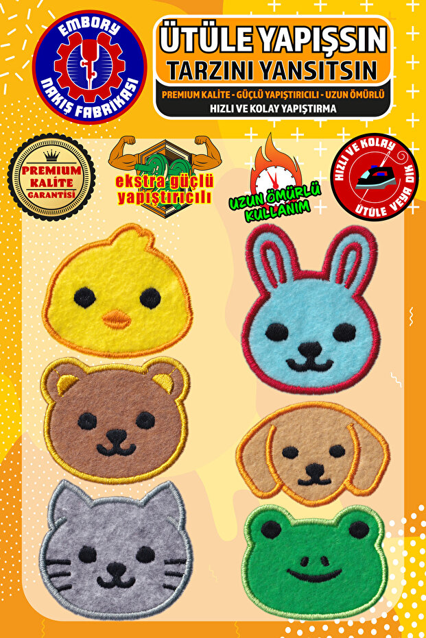 Iron-On Embroidered Patch, Cheerful Animals Set (6 Pcs) Iron-On Embroidery Woven Applique Patch