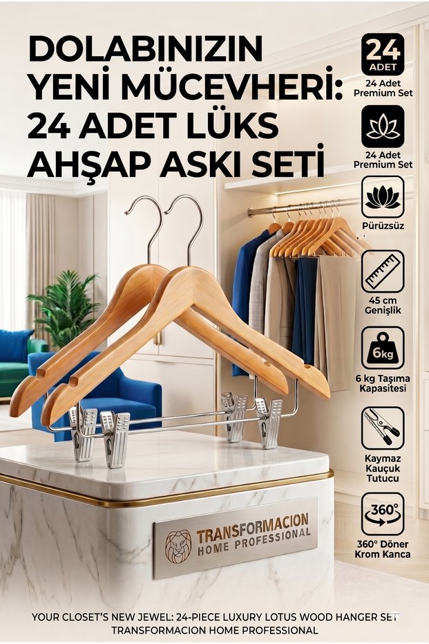 Set of 24 Wooden Suit Hangers | Pants Hanger with Clamps Non-Slip Notched Coat Hanger 723124