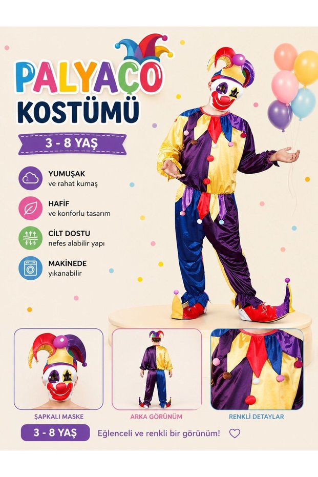 Boy's Jumpsuit Clown Suit Costume Mask Set - Colorful Party Carnival Outfit