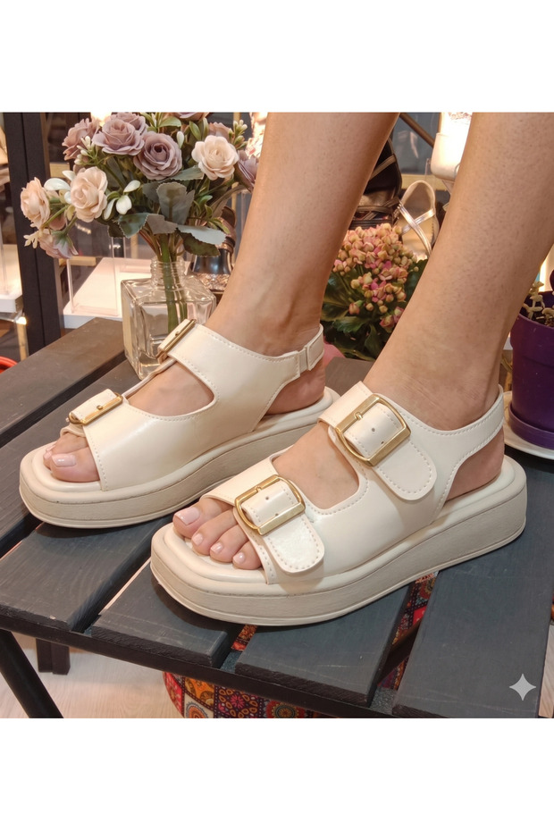 Cream Comfortable Gold Buckle Daily Sandals