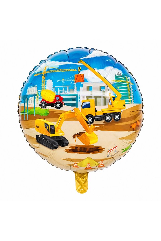 18 Inch Round Construction Themed Foil Balloon Bucket Crane Truck Birthday Balloon