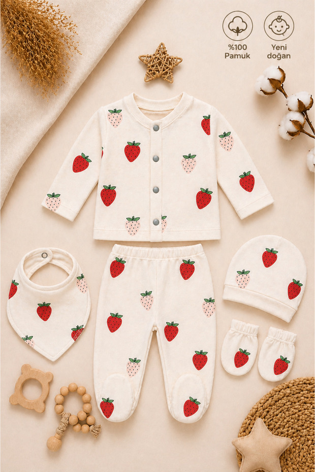 Baby Girl Newborn Organic 100% Cotton Strawberry Patterned 5-Piece Hospital Release Baby Set Minimal Natural Style