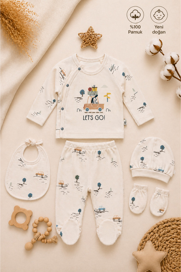 Baby Boy Newborn Organic 100% Cotton Car Patterned 5-Piece Hospital Discharge Set Minimal Natural Style