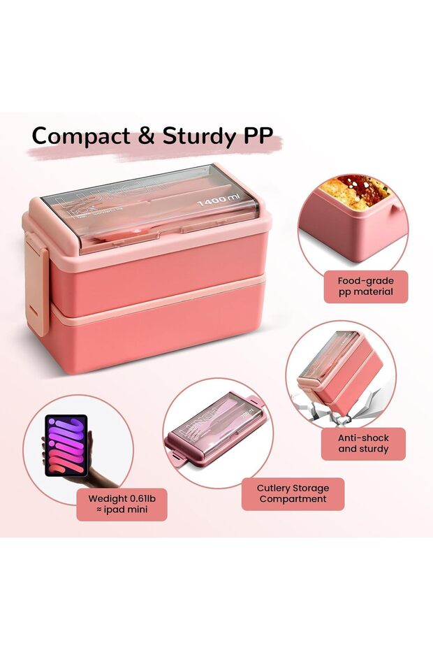 Bento Lunch Box, Stackable 2 Layer 3 Compartments Leak Proof 1400ml with Spoon Fork - 3